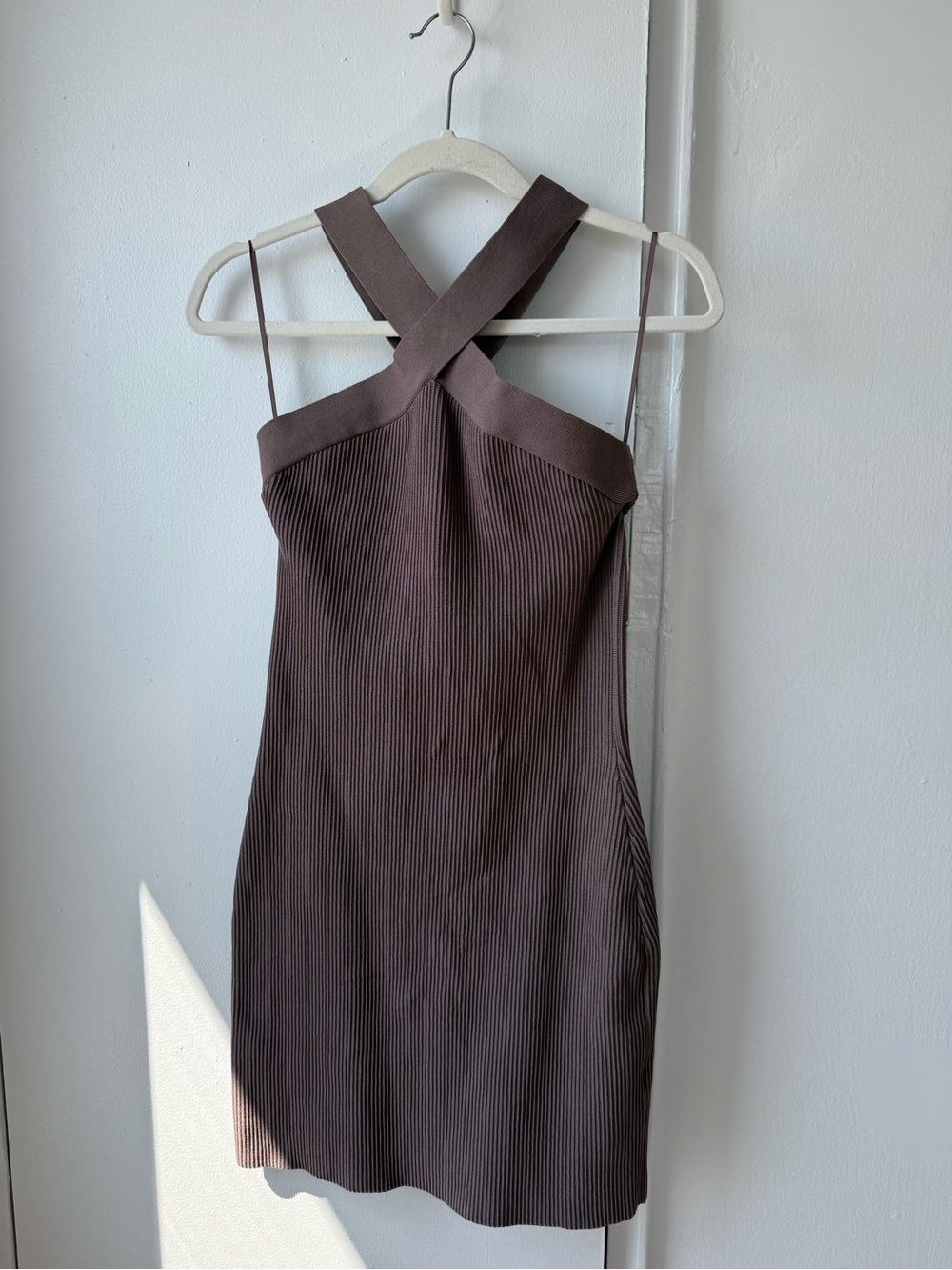 Babaton Ribbed Cross-Back Mini Dress in Brown